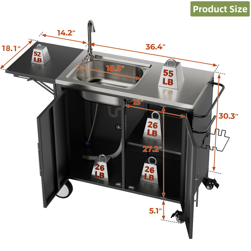 Outdoor Grill Table With Sink, Worktable Kitchen Cabinet Island With Wheels & Foldable Top - Black by HouseOfZazla