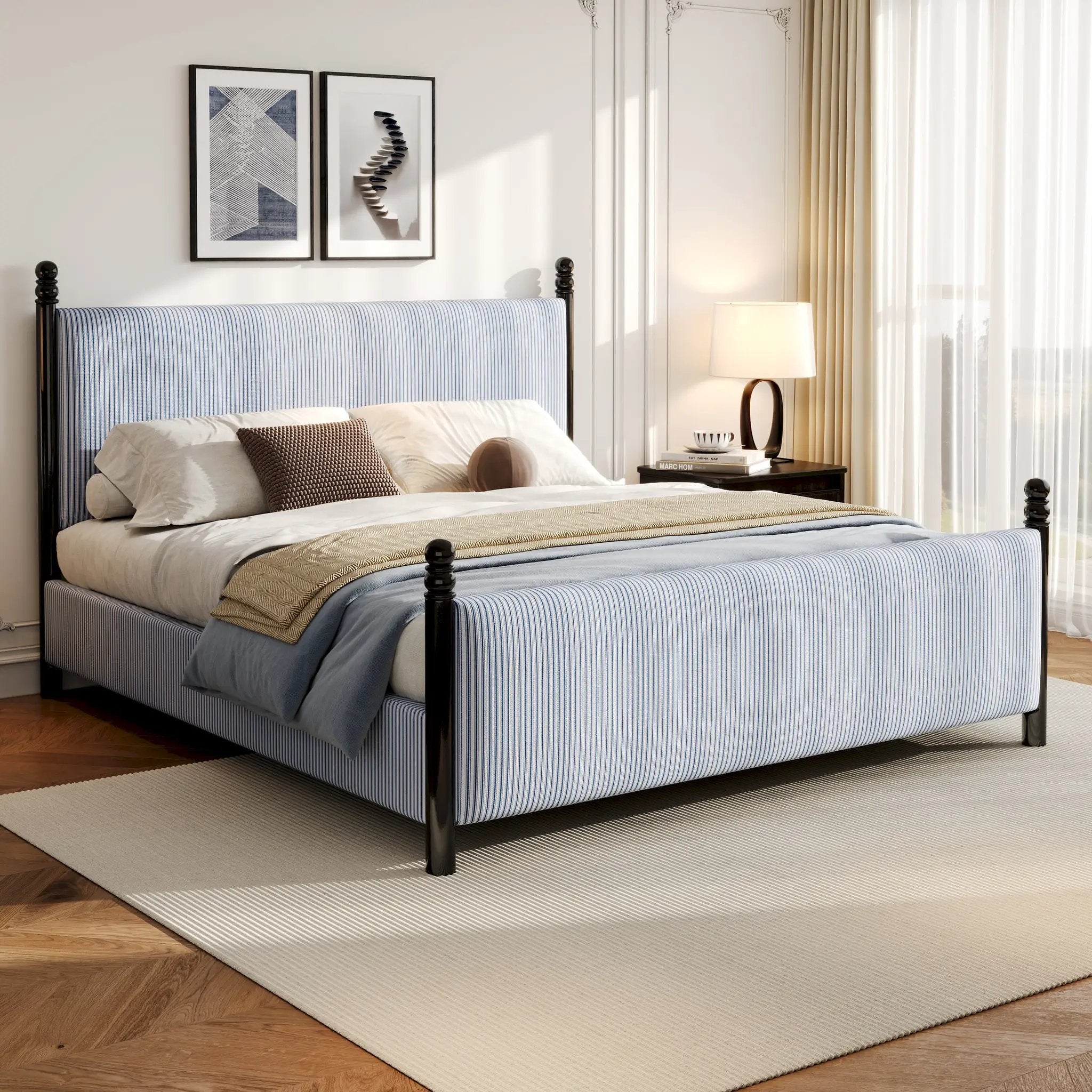 48-inch Striped Rubberwood Upholstered Bed, King by HouseOfZazla