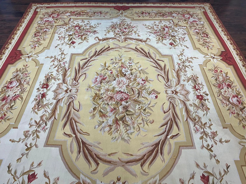 Aubusson Rug 9x12, Elegant Flatweave Savonnerie Carpet 9 x 12 ft, Ivory Light Yellow Red, Handmade Wool Flatweave French European Rug by Jewel Rugs