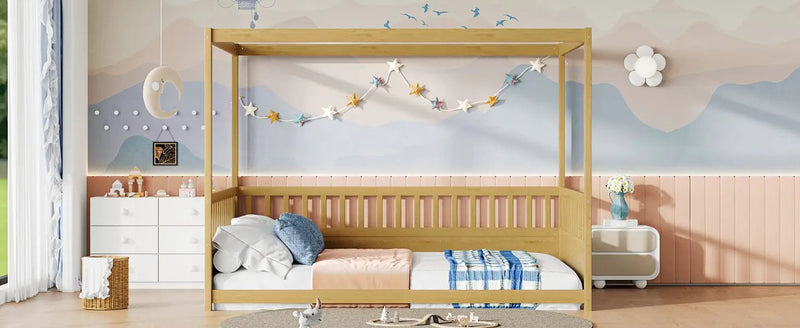 Full Size Canopy Bed Frame with Guardrails for Kids by HouseOfZazla