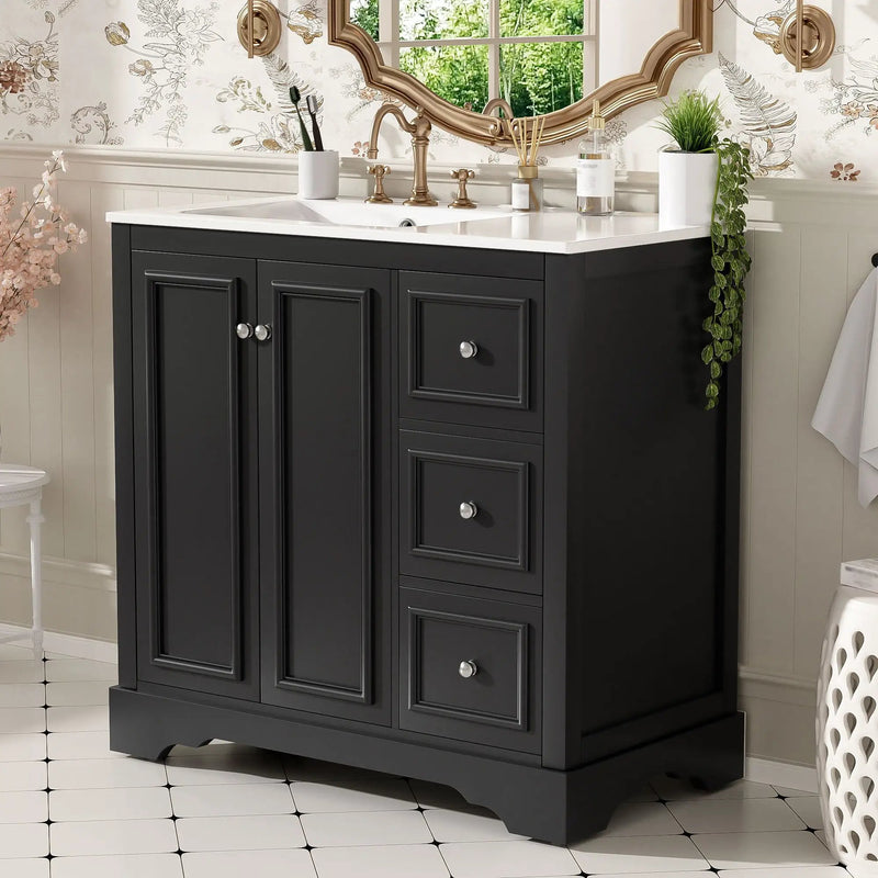 Bathroom Vanity With Sink, Soft-Close Doors, Adjustable U-Shelf, 3 Drawers by Unique Piece Furniture