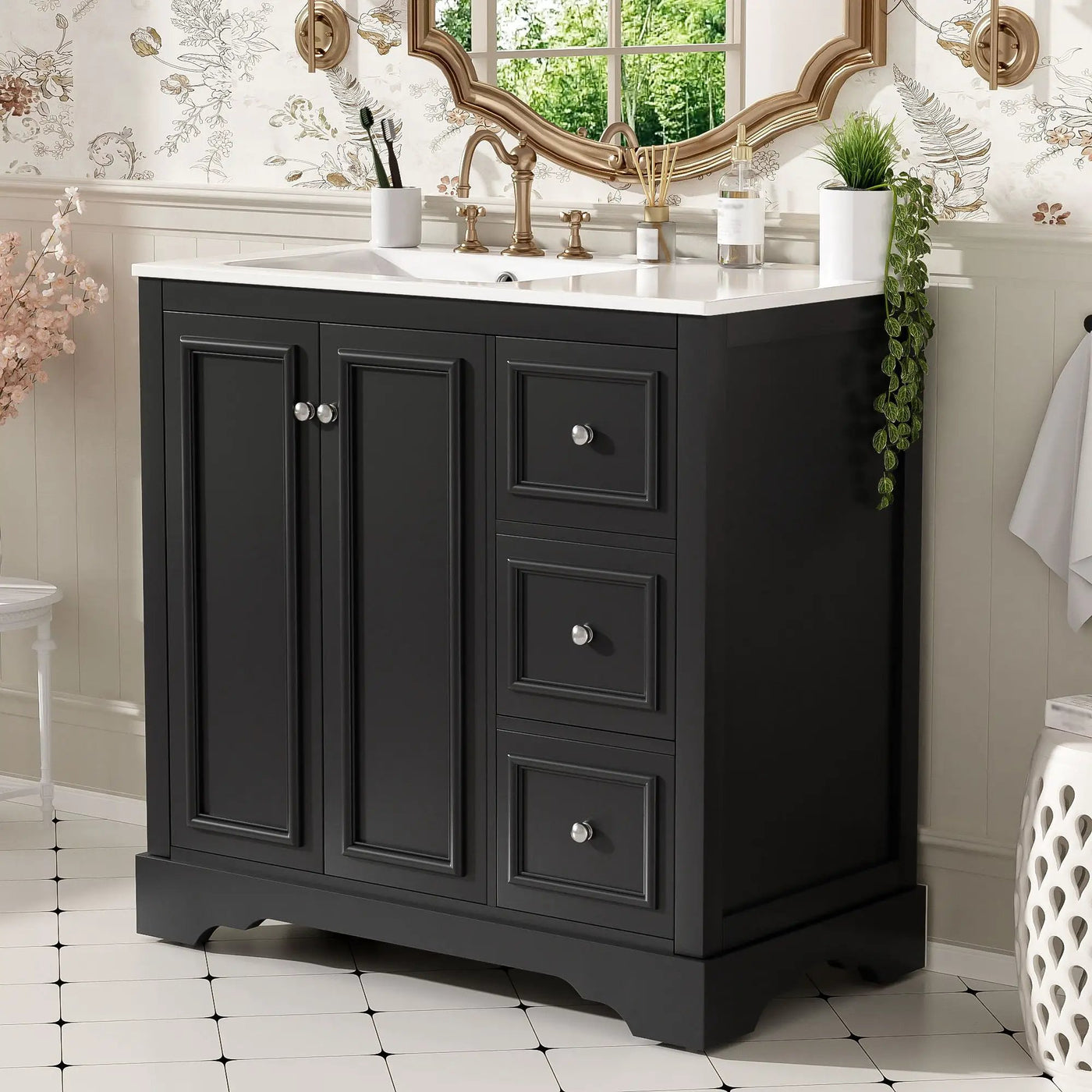 Bathroom Vanity With Sink, Soft-Close Doors, Adjustable U-Shelf, 3 Drawers by Unique Piece Furniture