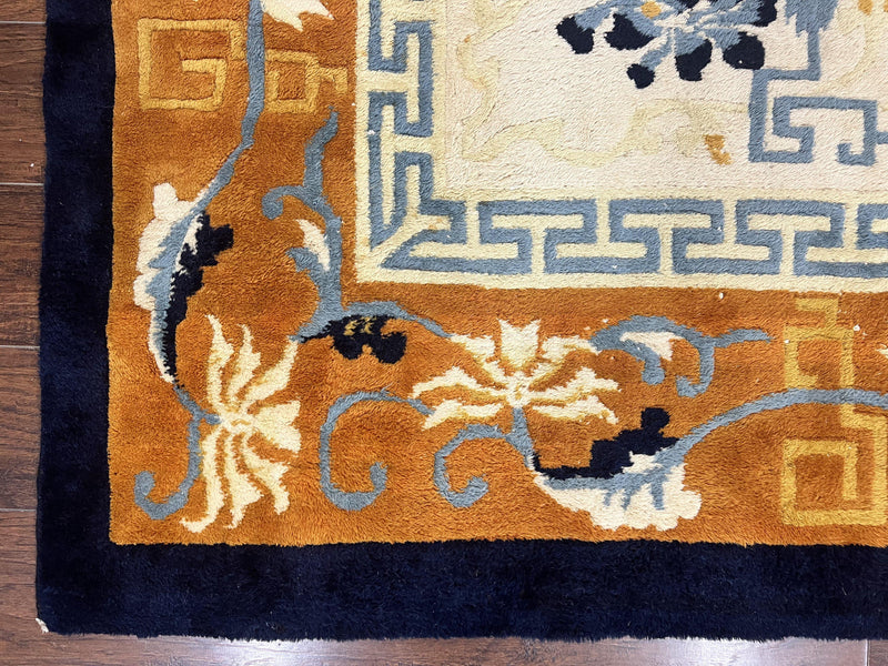 Indo Chinese Rug 9x12, Asian Oriental Carpet 9 x 12, Cream & Burnt Orange, Handmade Wool Vintage Art Deco Rug by Jewel Rugs