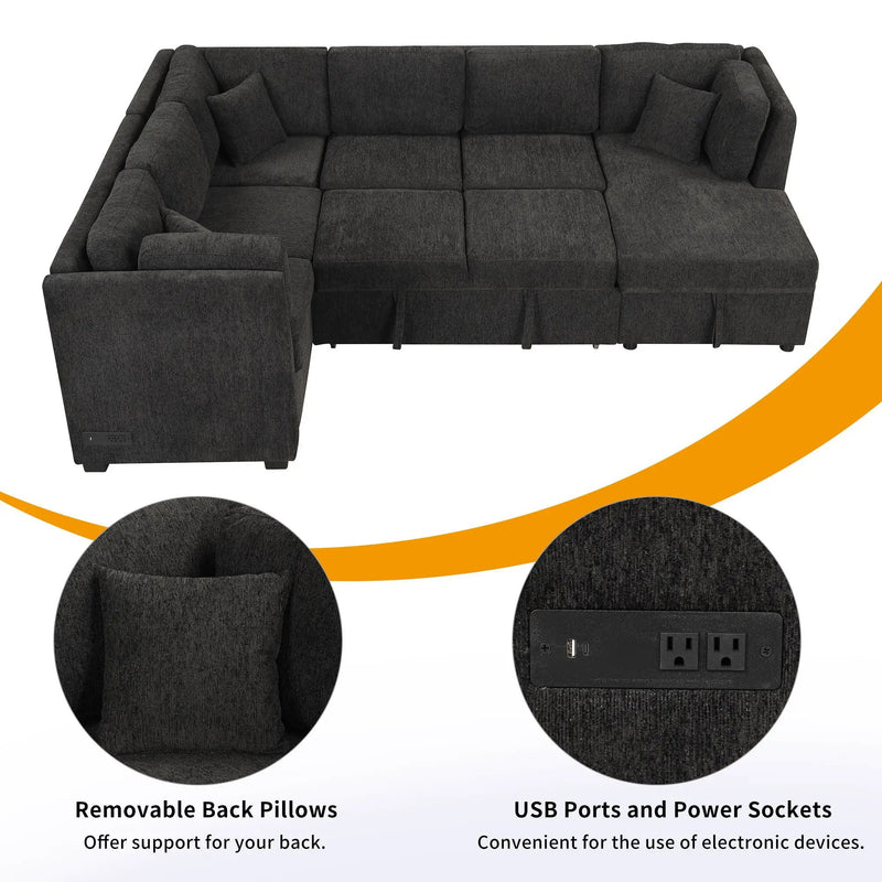 U-Shaped Sectional Sofa Pull Out Sofa Bed With Two USB Ports, Two Power Sockets, Three Back Pillows And A Storage Chaise For Living Room by HouseOfZazla
