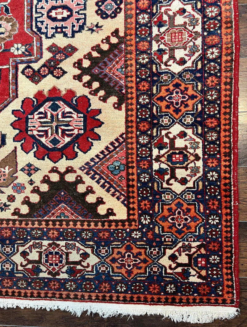 Antique Persian Heriz Rug 8x12 ft, Geometric Tribal Room Sized Carpet, Camel Hair Red Navy Blue, Wool Hand Knotted Medallion Oriental Carpet by Jewel Rugs