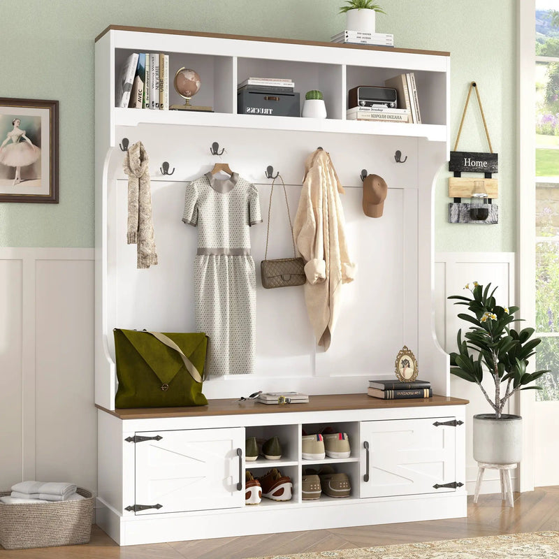 Hall Tree With Bench And Shoe Storage, 5 In 1 Entryway Organizer Cabinet With Coat Rack, 4 Shoe Cubbies & 7 Hooks - White by Unique Piece Furniture