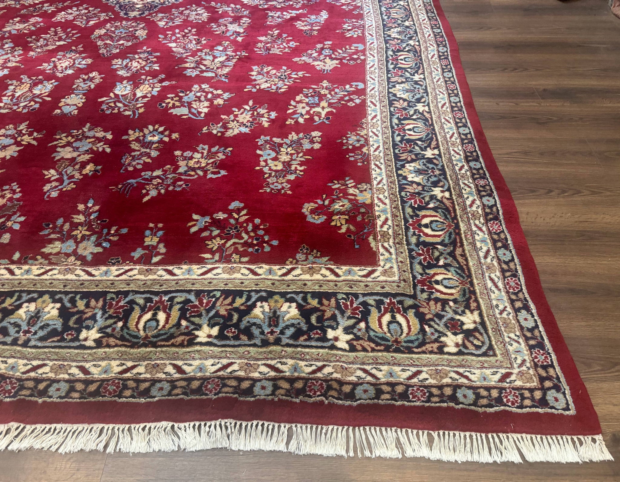 Indo Persian Sarouk Rug 10x14, Large Red and Navy Blue Carpet, Traditional Floral Wool Rug by Jewel Rugs