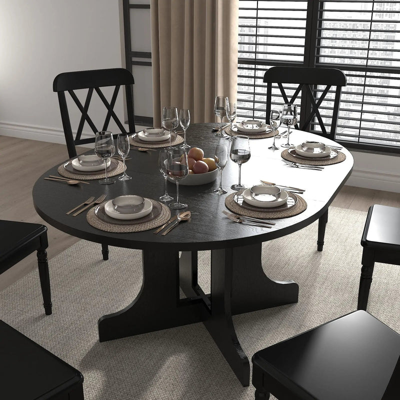Dining Table For Farmhouse Kitchen Expandable Oval Table Top With Removable Leaf Trestle X Shaped Base - Black by Unique Piece Furniture