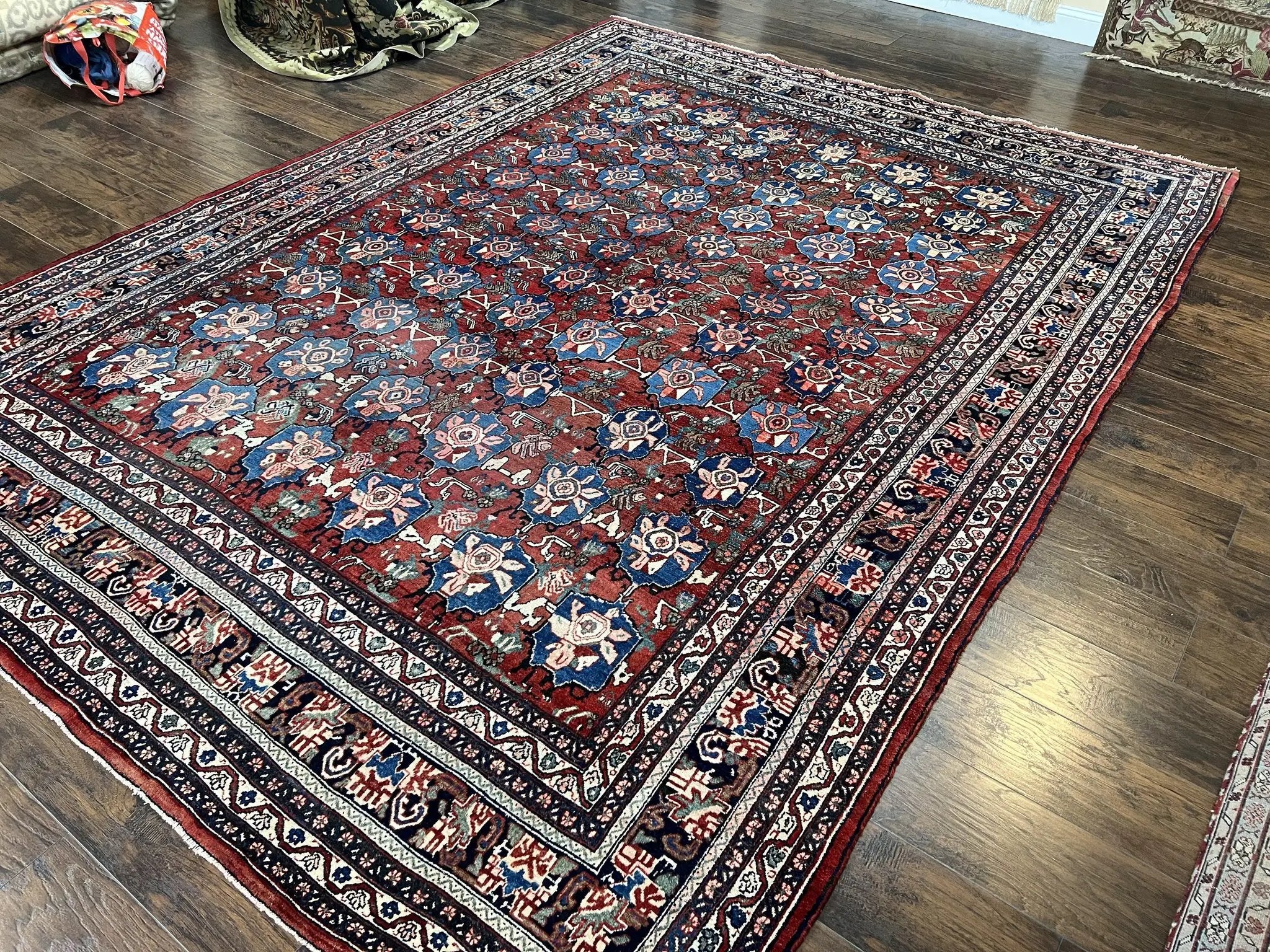 Antique Persian Bijar Rug 9x12 - Allover Motif, Red & Blue by Jewel Rugs