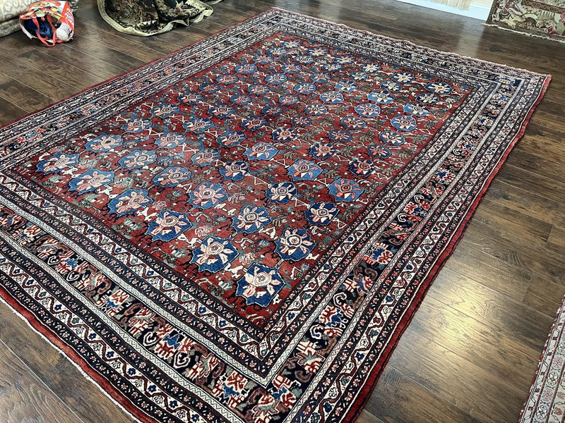Antique Persian Bijar Rug 9x12 - Allover Motif, Red & Blue by Jewel Rugs