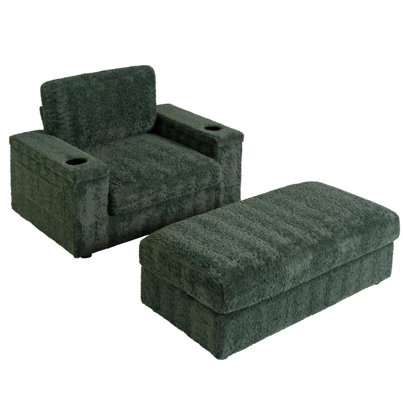 Oversized Chaise Lounge Indoor Rabbit Fur Sofa Bed With Storage Ottoman And Armrests Cup Holders With Deep Seat by HouseOfZazla