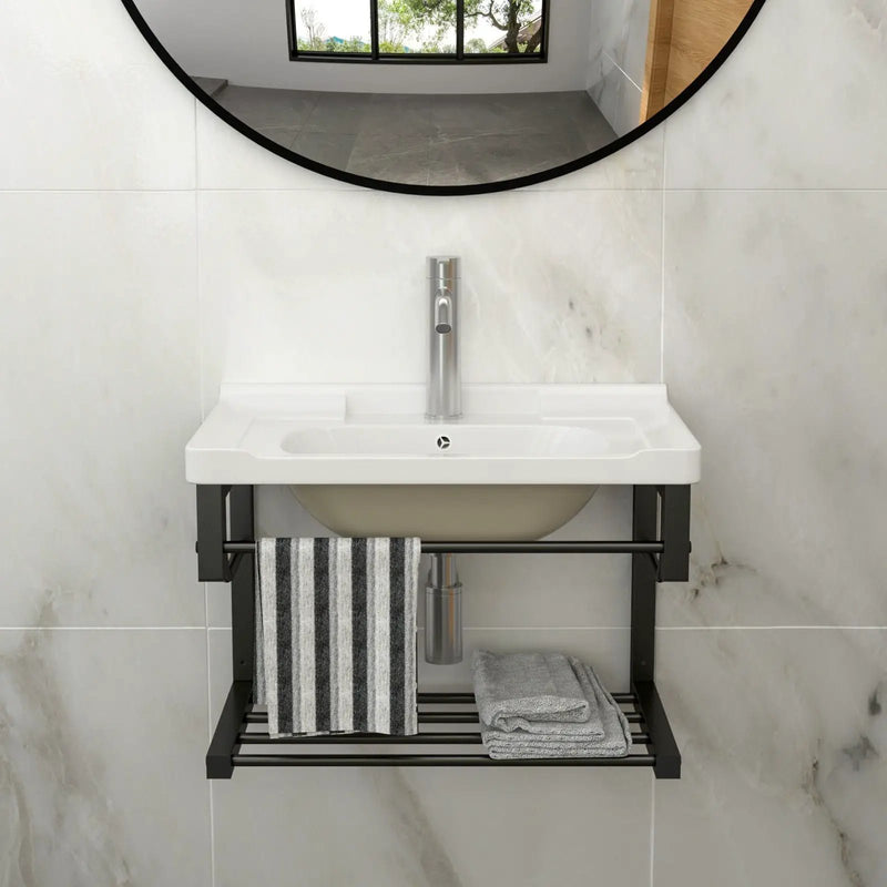 Wall Mounted Rectangular Bathroom Sink With Towel Bar & Overflow - White