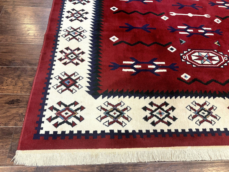 Belgium Power Loomed Rug 8x11, Navajo Native American Design, Dark Red and Ivory, Tribal Rug, Bohemian Carpet by Jewel Rugs