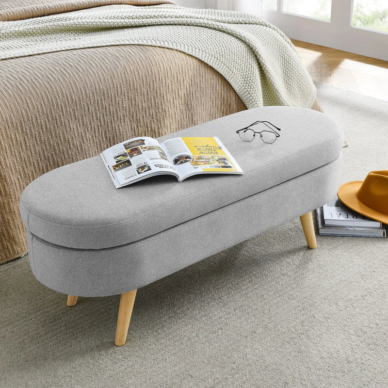 Ottoman Oval Storage Bench With Rubber Wood Legs Linen - Gray by HouseOfZazla