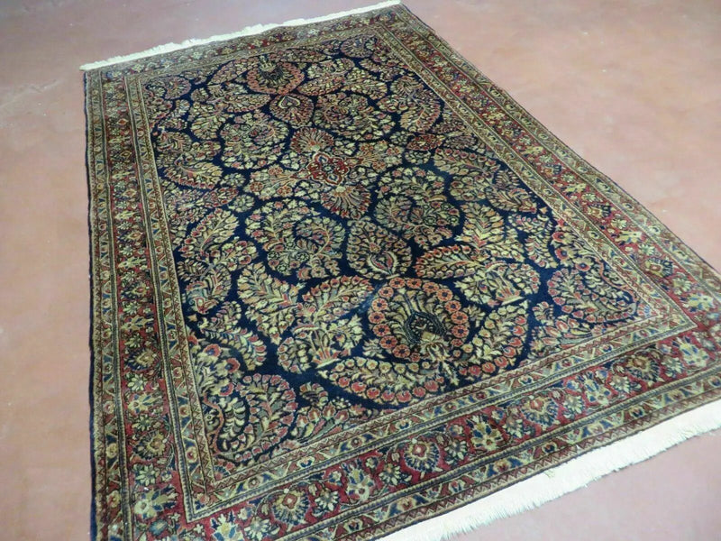 Antique Persian Sarouk Rug 4x6, Hand Knotted 1920s Oriental Carpet 4 x 6 ft, Navy Blue and Red Wool Rug, Handmade Floral Allover Persian Area Rug by Jewel Rugs