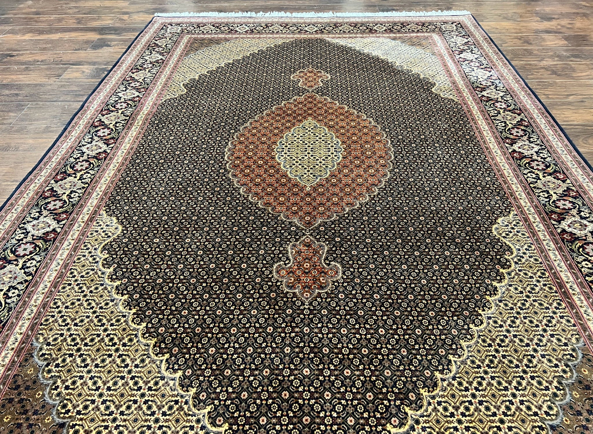 Persian Tabriz Rug 7x10, Very Fine 330 KPSI 50 Raj, Black and Beige, Handmade Wool Vintage Persian Carpet by Jewel Rugs