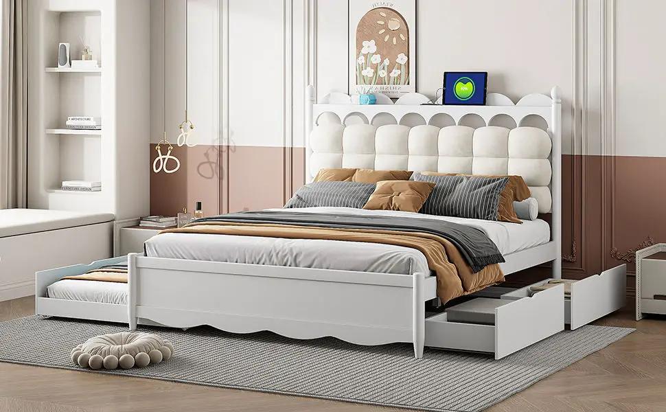Storage Platform Bed, With 2 Big Drawers, Trundle, One Set Of Sockets & USB Ports by HouseOfZazla