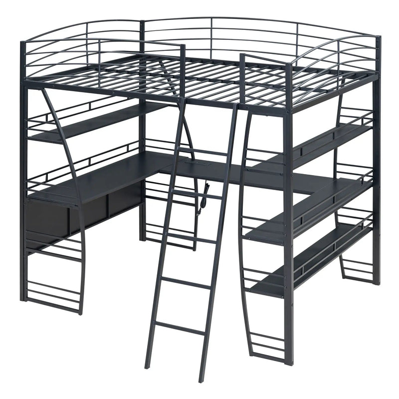 Loft Bed With 4 Layers Of Shelves And L-Shaped Desk, Stylish Metal Frame Bed With A Set Of Sockets, USB Ports And And Wireless Charging by Unique Piece Furniture