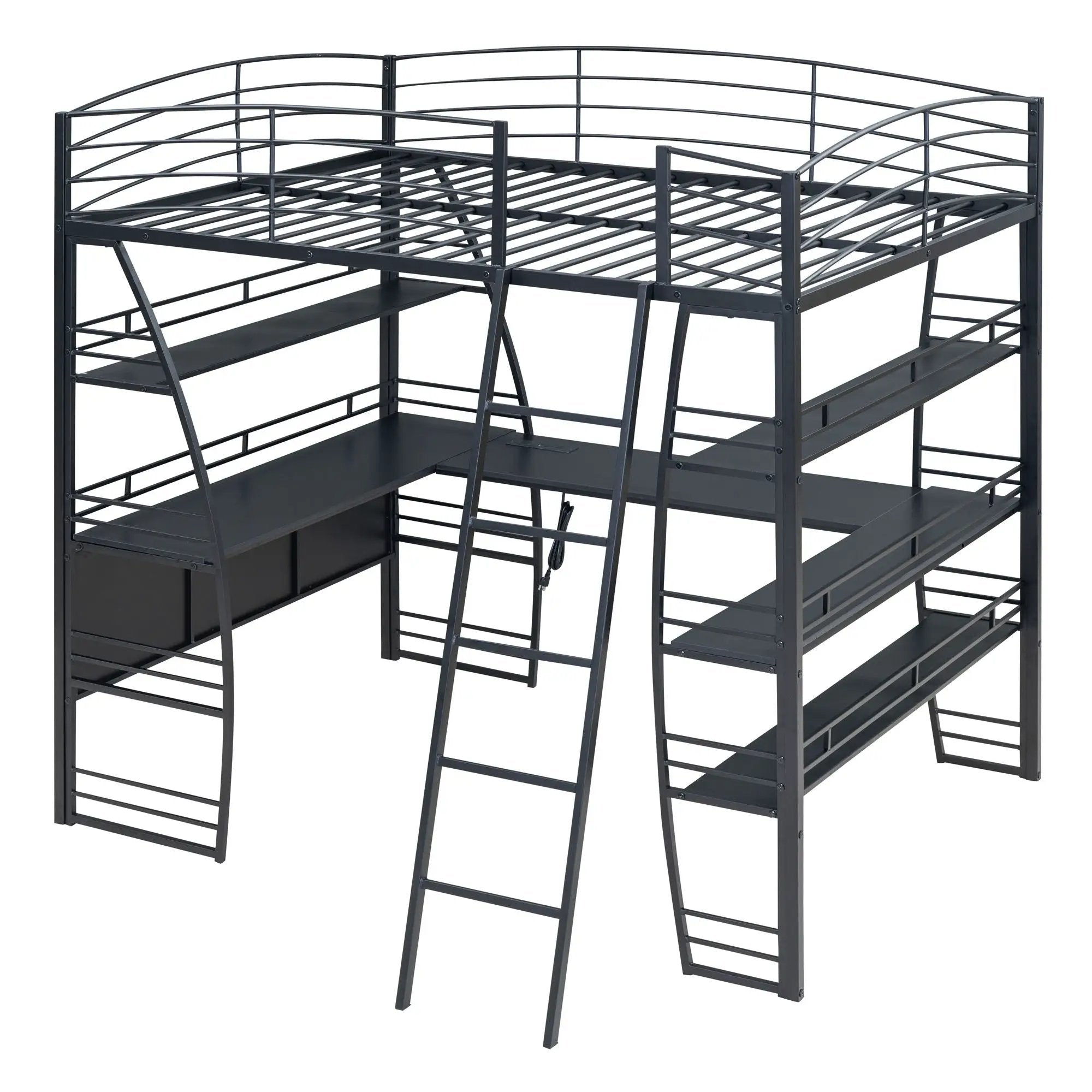 Loft Bed With 4 Layers Of Shelves And L-Shaped Desk, Stylish Metal Frame Bed With A Set Of Sockets, USB Ports And And Wireless Charging by HouseOfZazla
