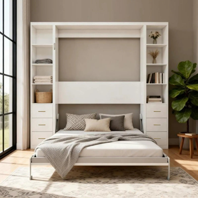 Queen Size Murphy Wall Bed With Side Storage Cabinets - White by HouseOfZazla
