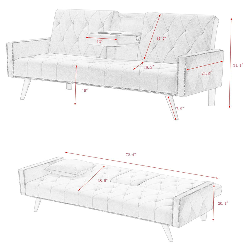 Sofa Bed With Nail Head Trim And Cup Holders - Pink by Unique Piece Furniture