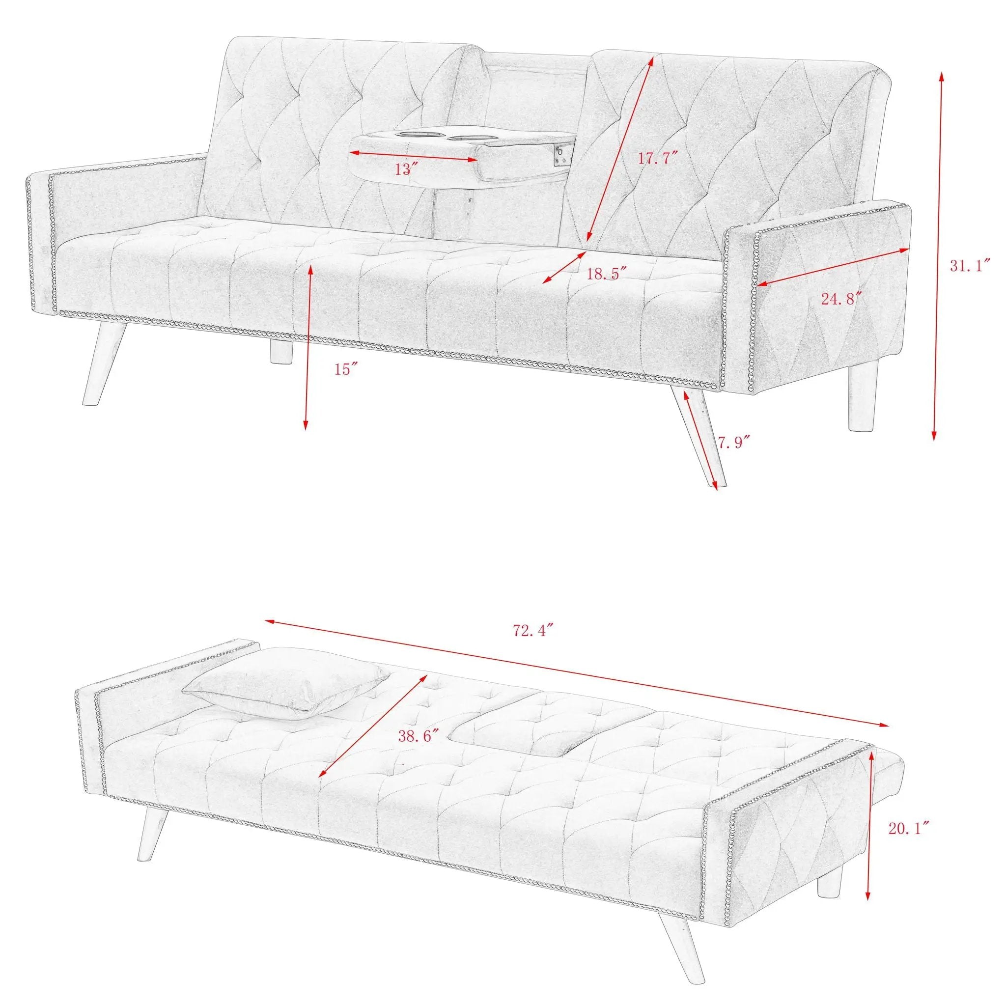 Sofa Bed With Nail Head Trim And Cup Holders - Pink by HouseOfZazla