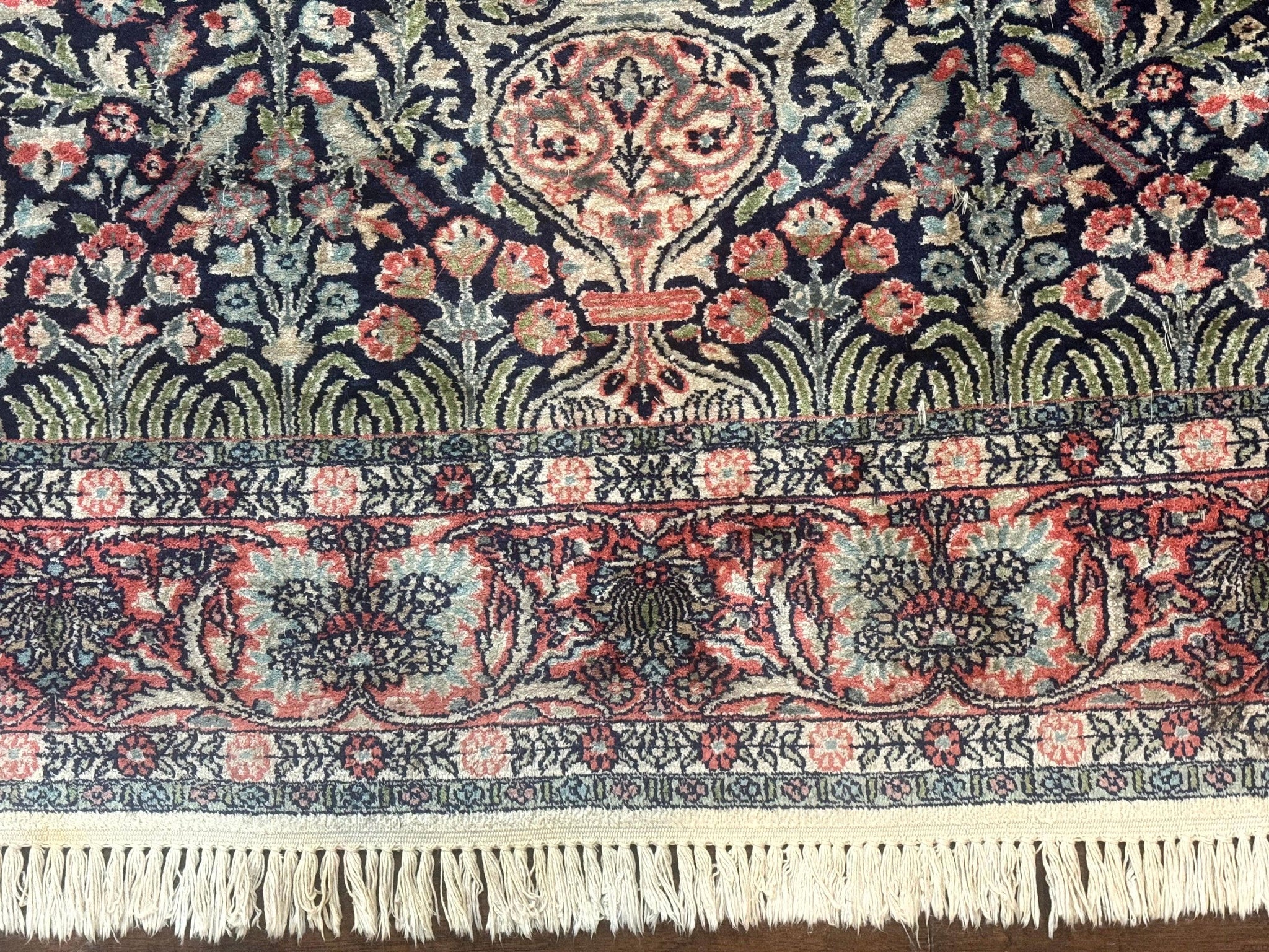 Silk Indian Kashmiri Rug 4x6, Tree of Life Pattern, Birds, Fine 290 KPSI, Navy Blue and Red, Handmade Oriental Carpet by Jewel Rugs