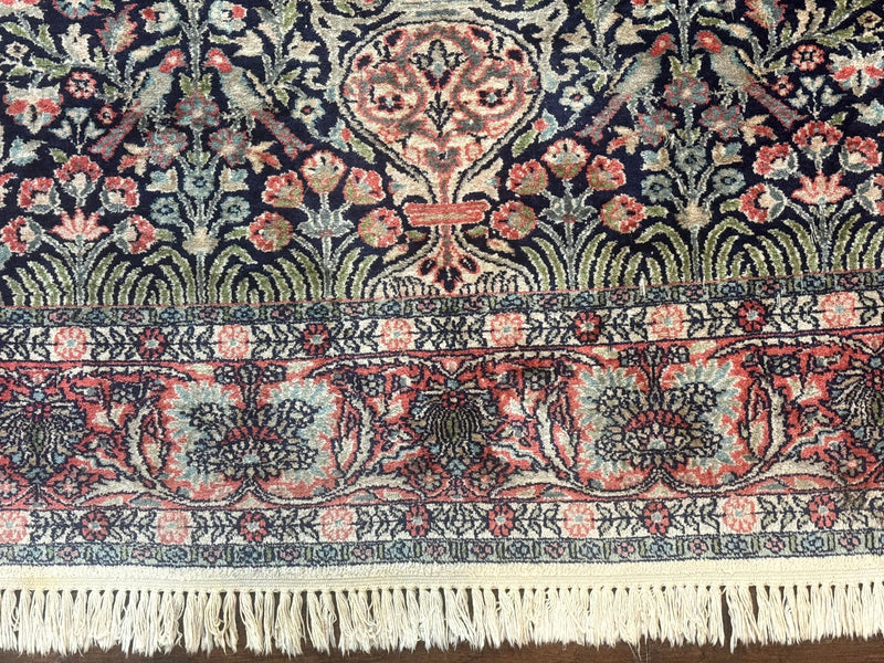 Silk Indian Kashmiri Rug 4x6, Tree of Life Pattern, Birds, Fine 290 KPSI, Navy Blue and Red, Handmade Oriental Carpet by Jewel Rugs