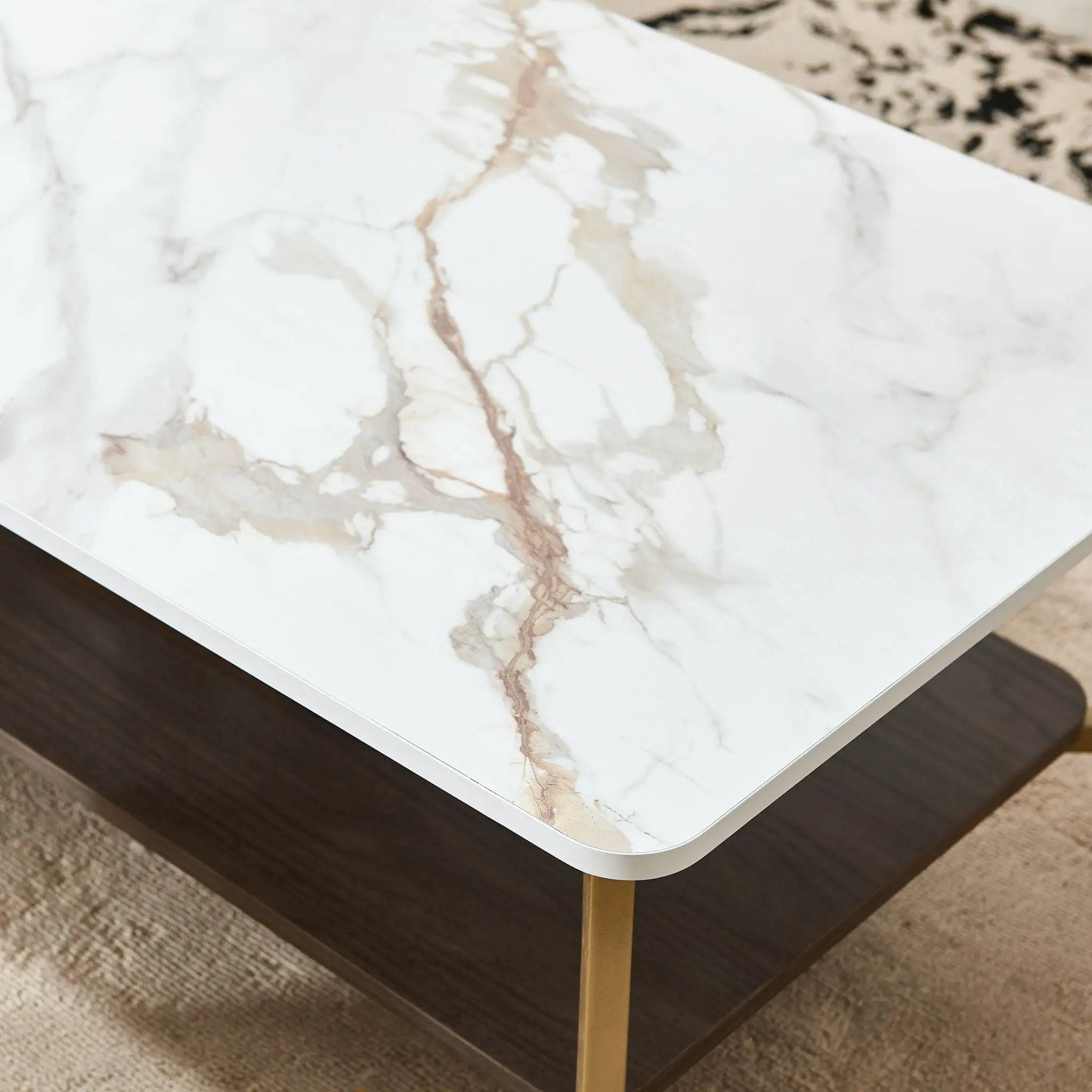 Coffee Table Rectangular Center Table For Living Room Open Space Side Table With Metal Frame - Golden / White by Unique Piece Furniture