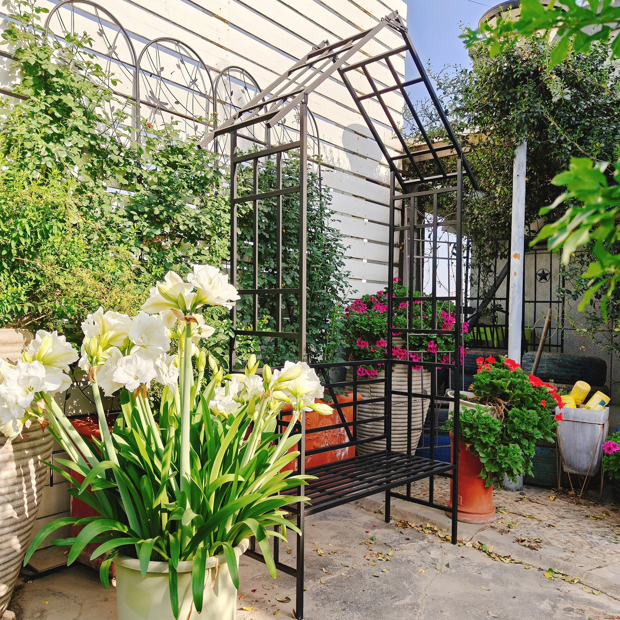 Metal Garden Arch with Bench Turned into Flower Stand by HouseOfZazla