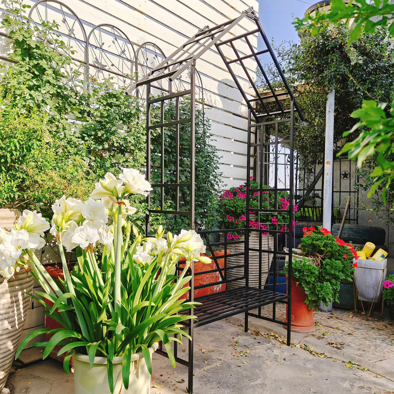 Metal Garden Arch with Bench Turned into Flower Stand by HouseOfZazla