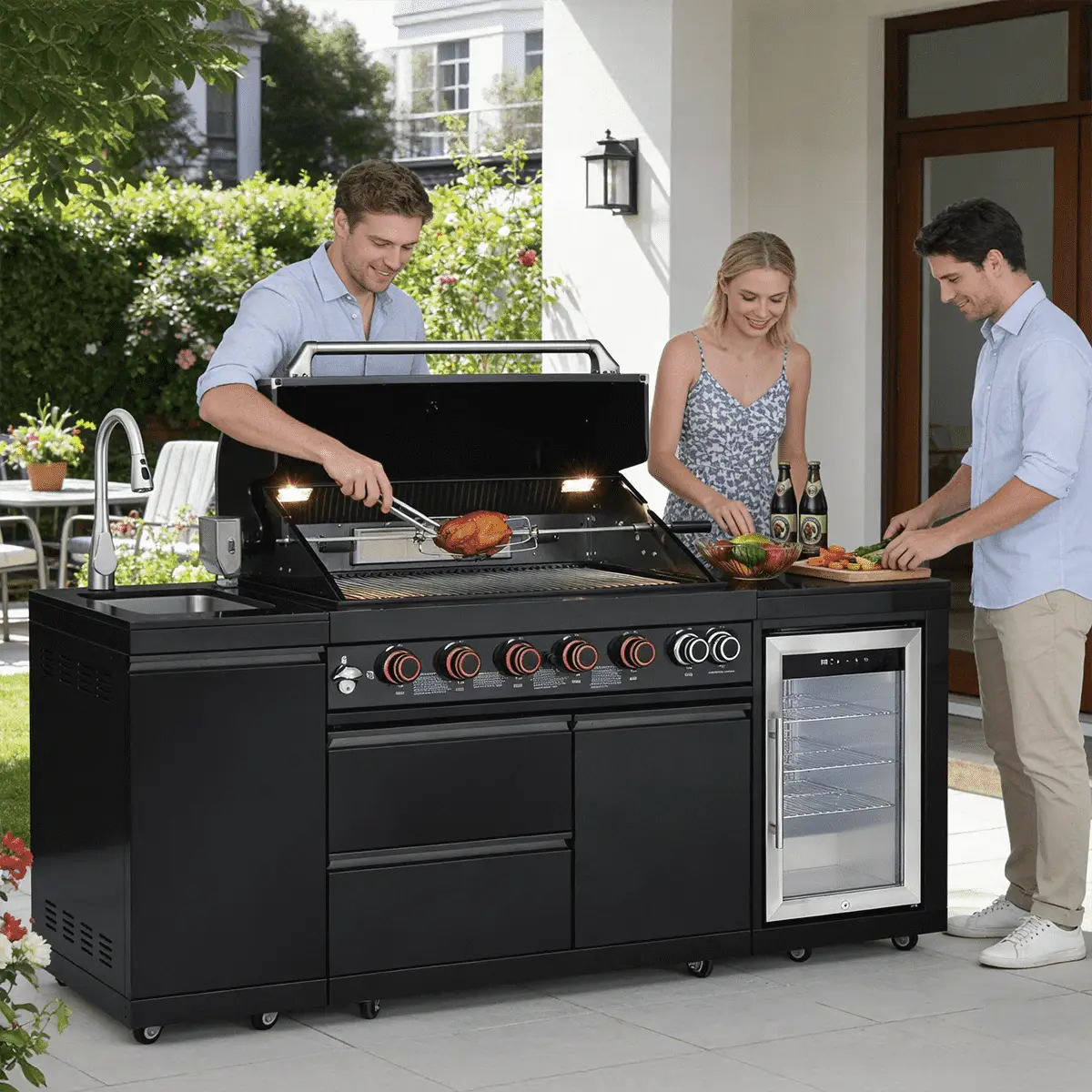 82.5" 6-Burner 83,500 BTU Black Outdoor Kitchen Island Grill Sink + Refrigerator by Chery Industrial