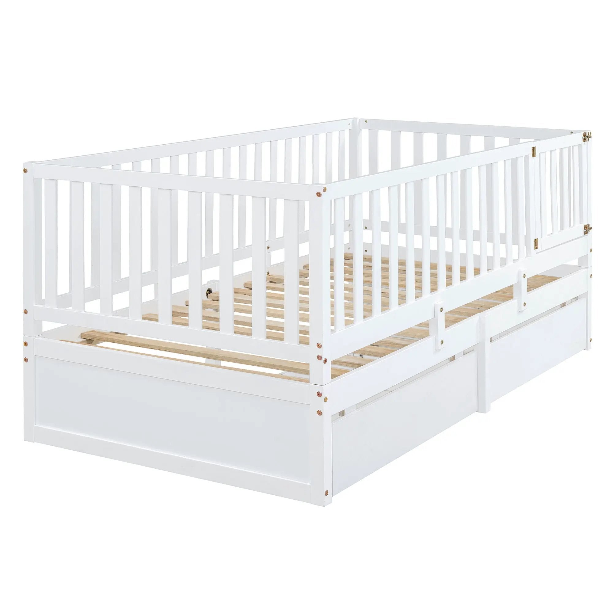 Daybed With Fence Guardrails And 2 Drawers, Split Into Independent Floor Bed & Daybed by HouseOfZazla