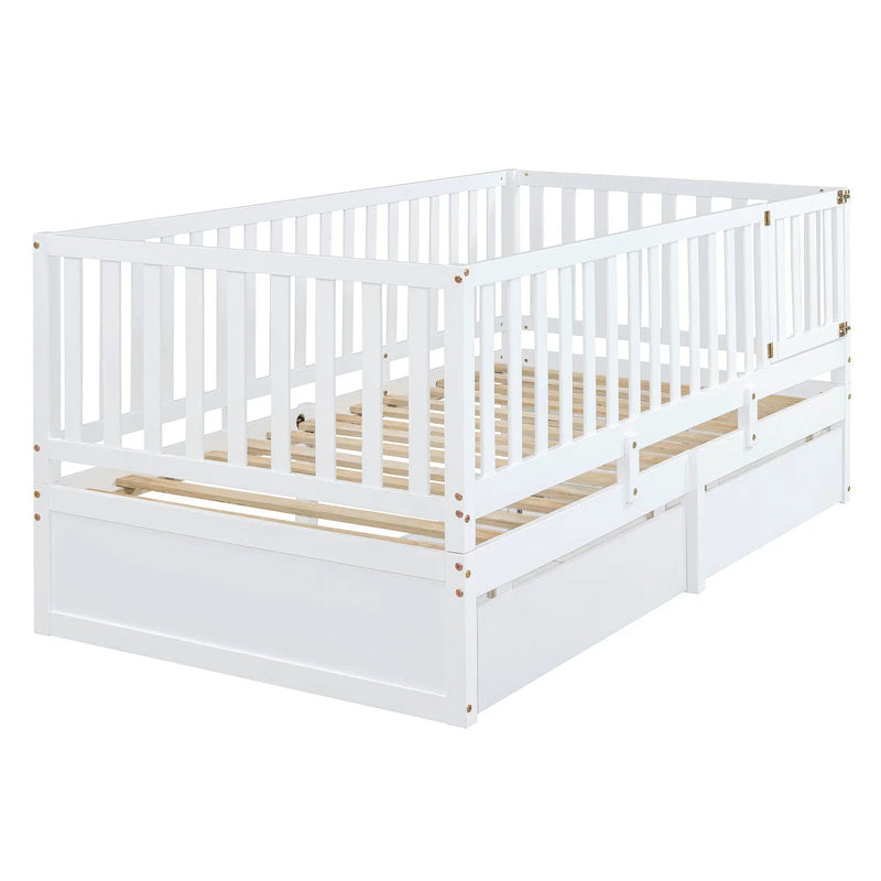 Daybed With Fence Guardrails And 2 Drawers, Split Into Independent Floor Bed & Daybed by HouseOfZazla