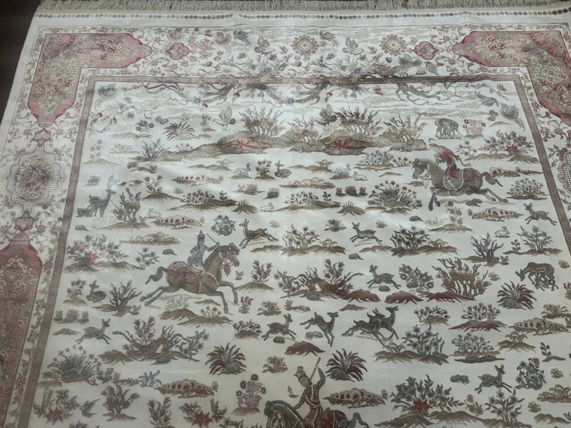 Large Turkish Silk Rug 8x10, Ivory, Hunting Design, Bamboo Silk, New by Jewel Rugs