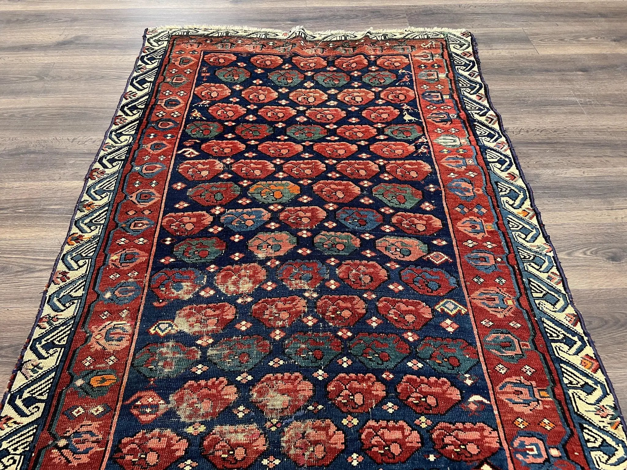 Antique Seychour Rug 4x7, Collectible Kuba Caucasian Carpet, Wool Handmade, Red Navy Blue Cream, Repeated Allover Motif, Early 20th Century by Jewel Rugs