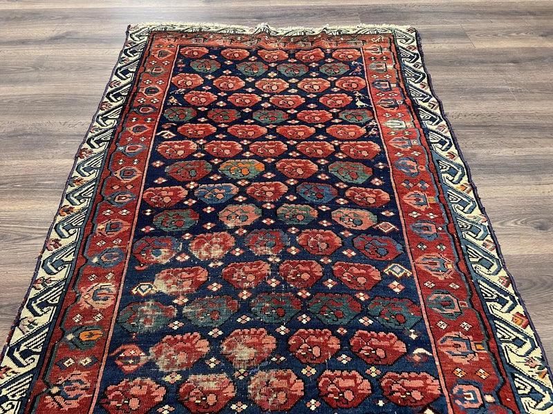 Antique Seychour Rug 4x7, Collectible Kuba Caucasian Carpet, Wool Handmade, Red Navy Blue Cream, Repeated Allover Motif, Early 20th Century by Jewel Rugs