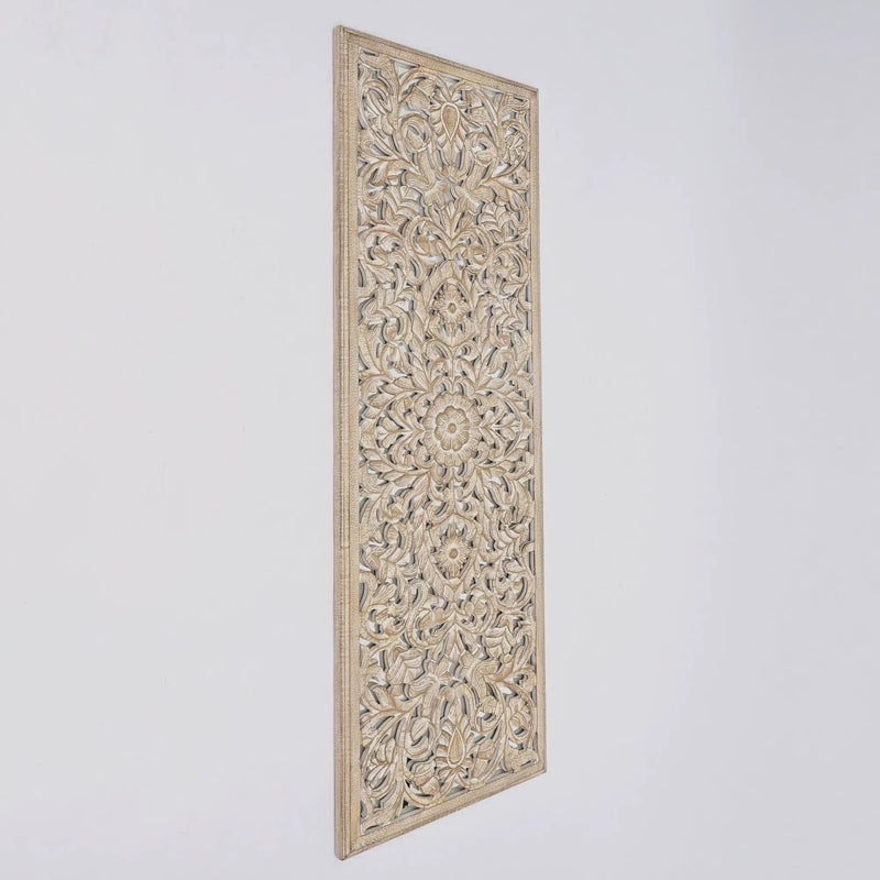 Floral Hand Carved Mandala Rectangle Wall Decor With Mirror - Antique Brown / White by HouseOfZazla