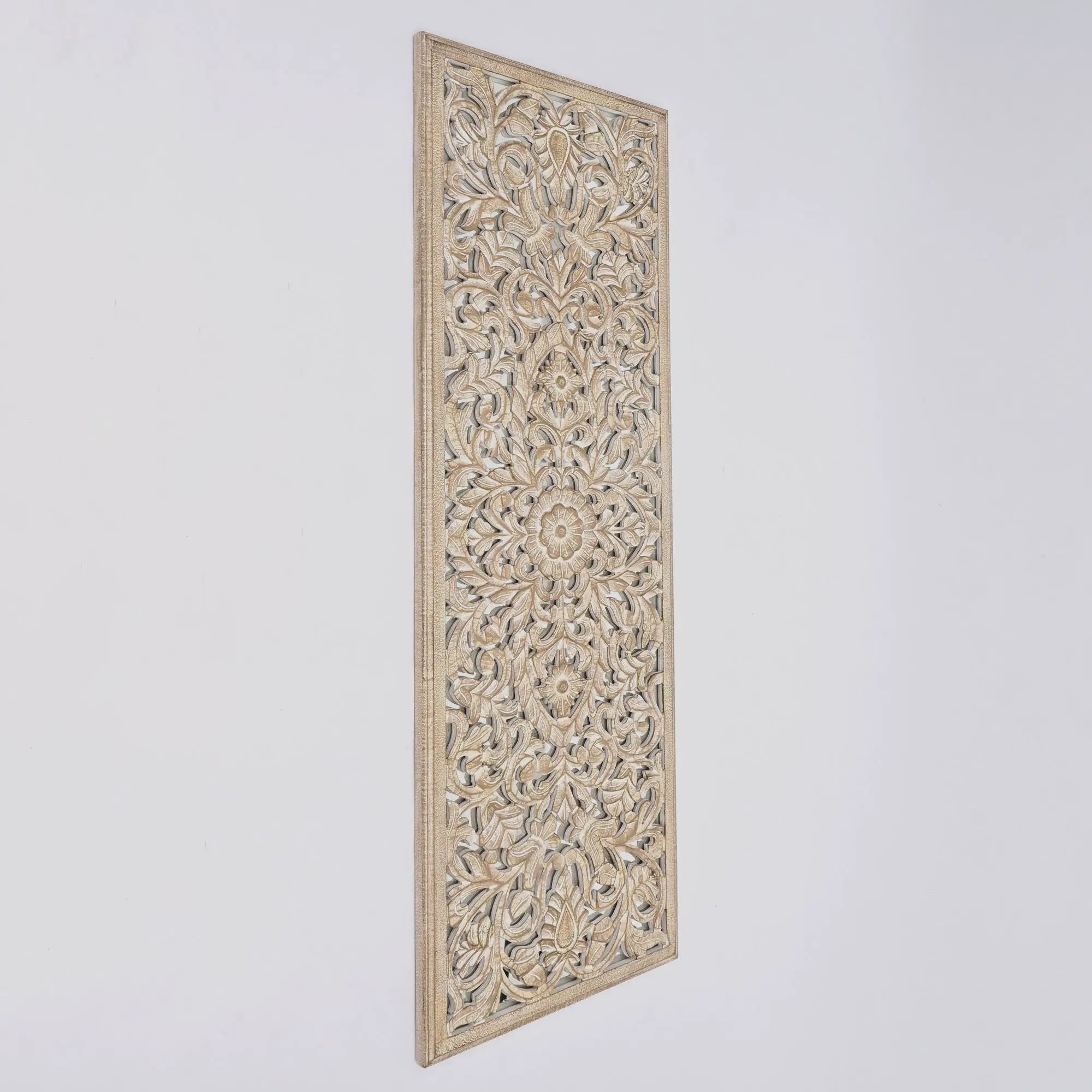 Floral Hand Carved Mandala Rectangle Wall Decor With Mirror - Antique Brown / White by Unique Piece Furniture