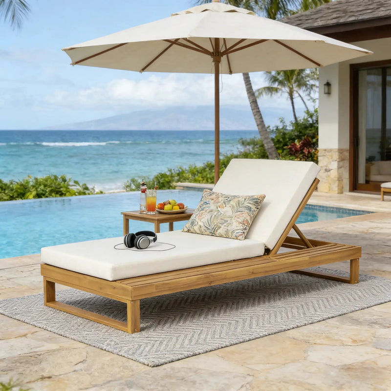 Teak Finish Acacia Wood Chaise Lounge with 4-Inch Cushion by HouseOfZazla
