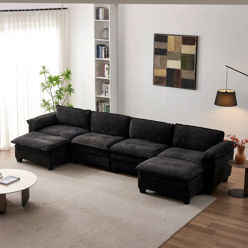 Luxury Chenille Upholstered U Shape Sofa with Two Ottomans by HouseOfZazla