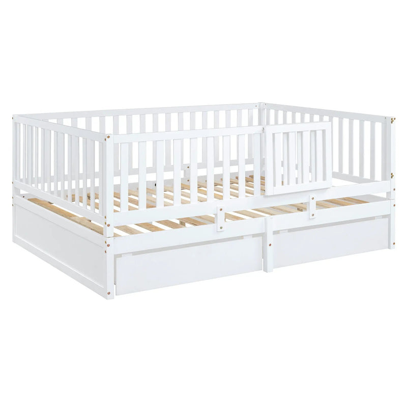 Daybed With Fence Guardrails And 2 Drawers, Split Into Independent Floor Bed & Daybed by HouseOfZazla