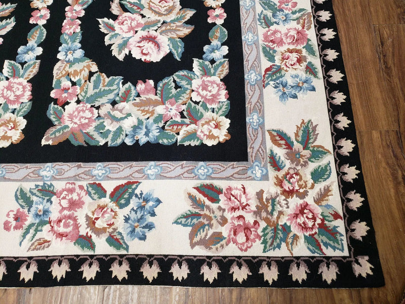 Floral Needlepoint Rug 9.5 x 13.6, Floral Panel Design, Black and Ivory Flatweave Aubusson Carpet, Multicolor by Jewel Rugs