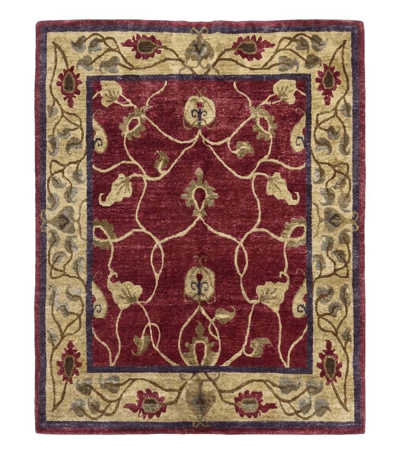 Tibetan Aubusson Rug 8x10, Maroon and Beige, Floral, Handmade, Wool, Vintage, Traditional Rug by Jewel Rugs