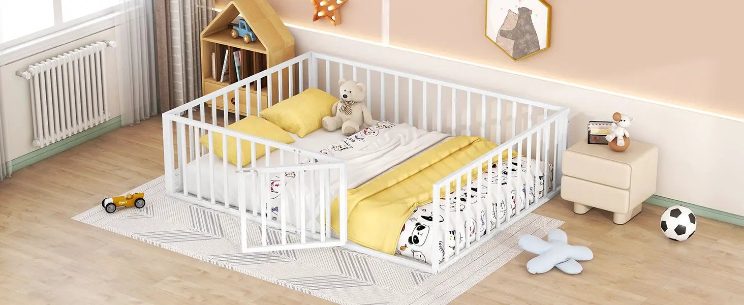 Metal Floor Bed Frame With Fence And Door by HouseOfZazla