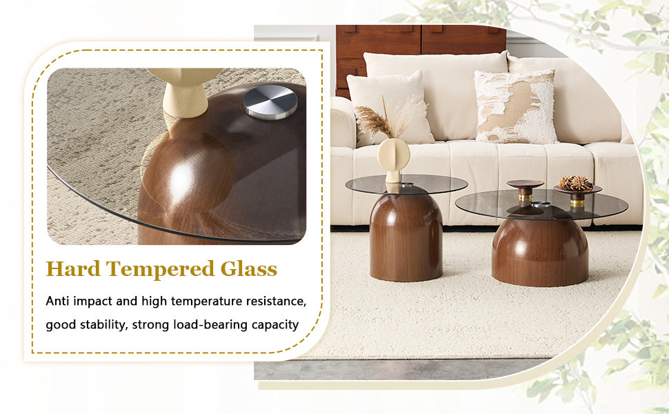 Nesting Coffee Table Set of 2 with Glass Desktop in Walnut by HouseOfZazla