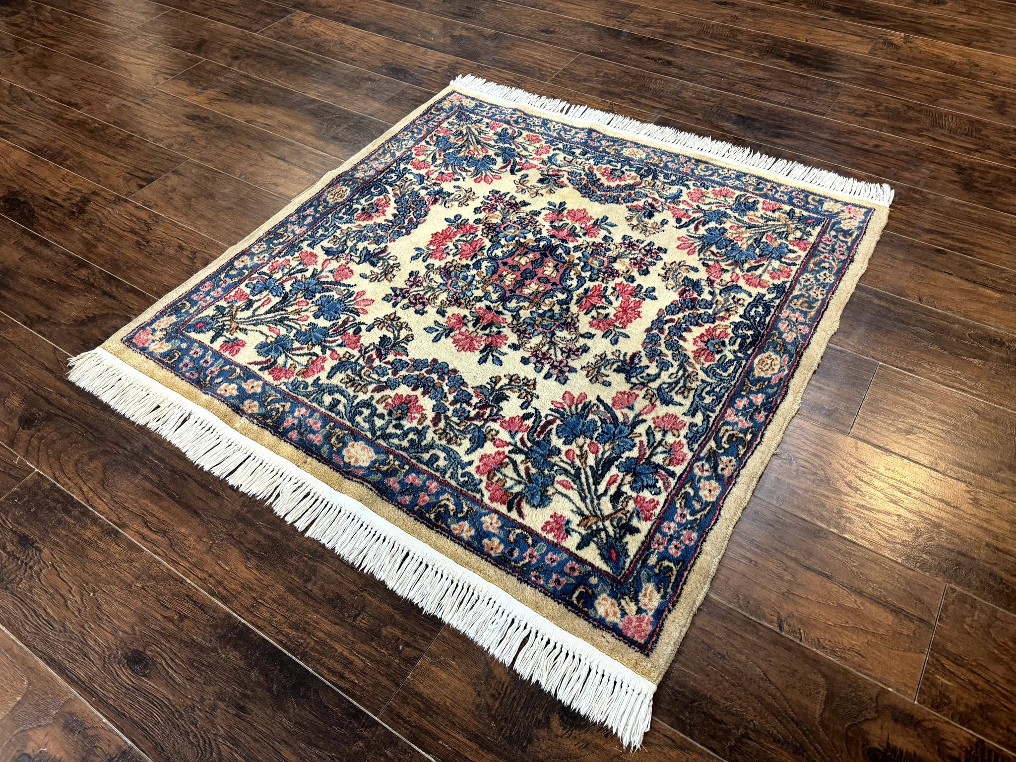 Square Persian Kerman Rug 4x4, Ivory Blue Pink, Handmade, Fine 225 KPSI by Jewel Rugs