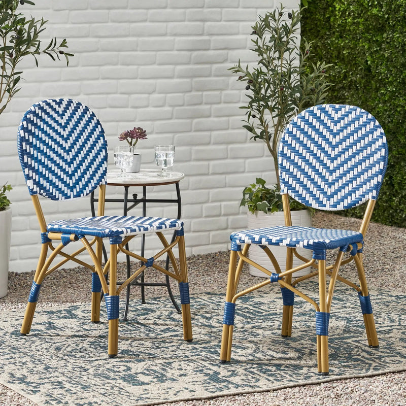 Outdoor Rattan and Aluminum French Armless Bistro Chairs Set - Navy Blue by HouseOfZazla