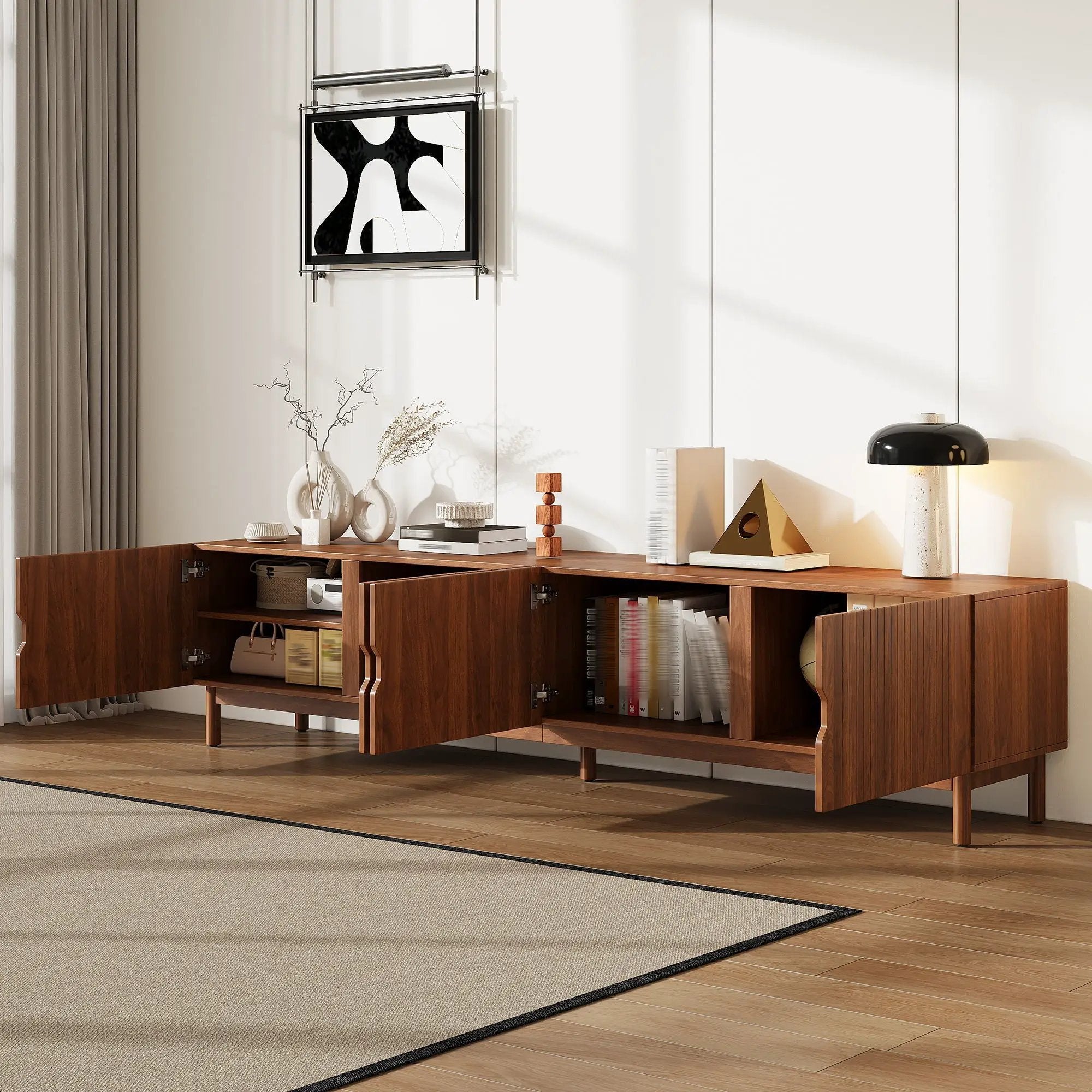 TV Stand With Legs, Media Console, 4 Cabinets For Living Room - Natural Wood by Unique Piece Furniture