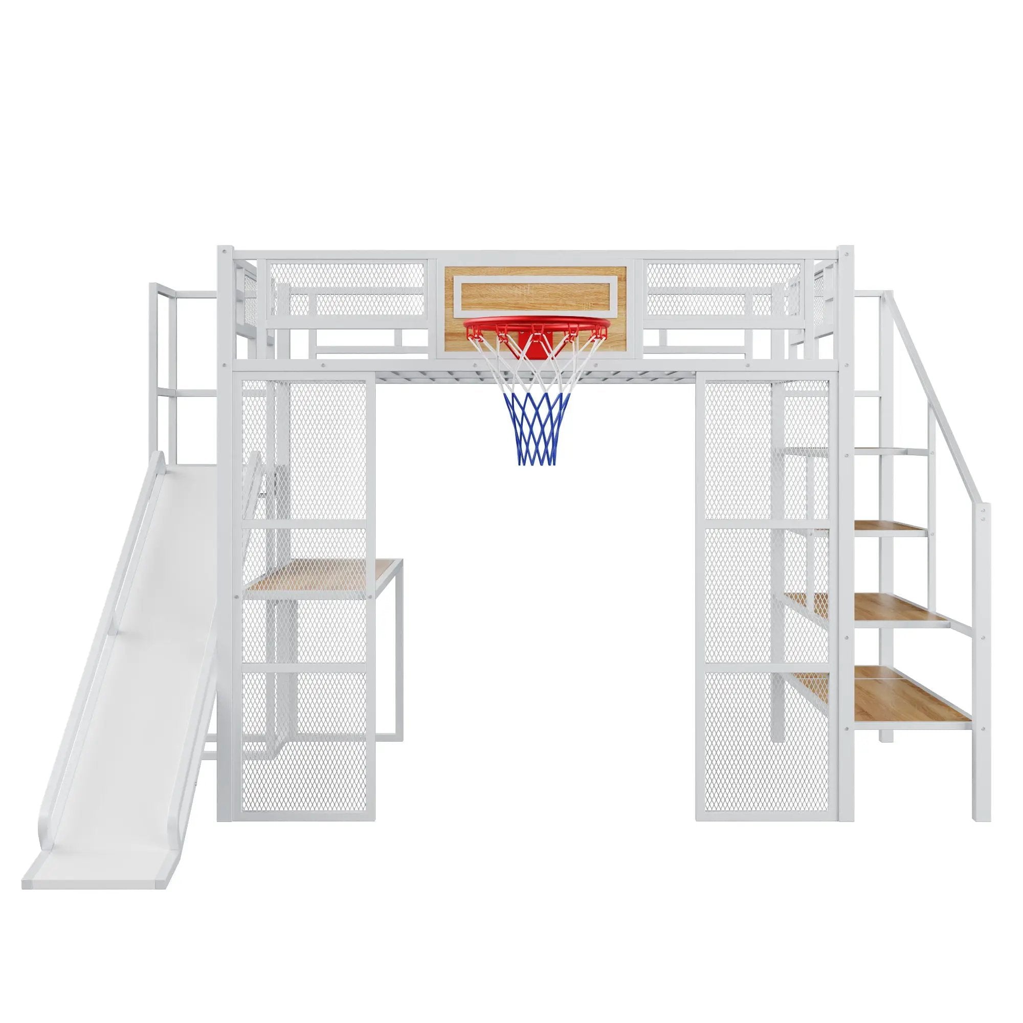 Loft Bed With Built In Desk, Open Wardrobe, Basketball Hoop, Slide And Staircase by Unique Piece Furniture